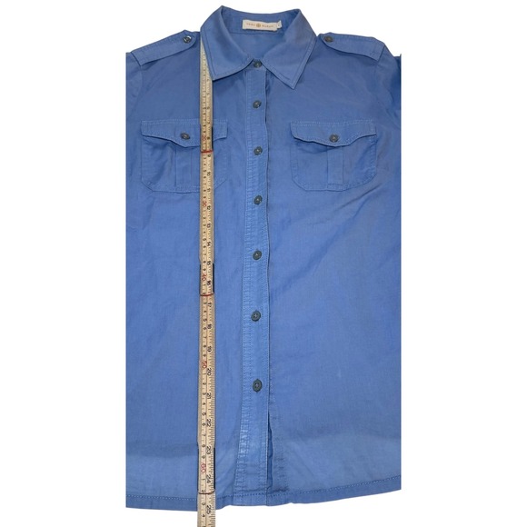 Tory Burch Button Up Women 4 Long Roll Sleeve Pocket Epaulets Sheer Shirt Blue - Picture 9 of 9